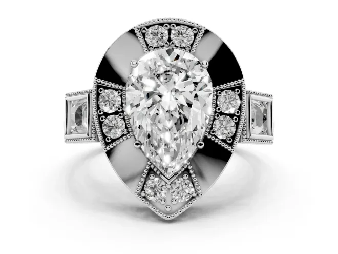 Pear Cut Diamond Milgrain Halo Ring Set in White gold with Split Shank