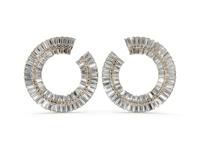 Baguette and Round Lab-Grown Diamond Fanned Open Hoop Earrings | Sunburst Rows | Yellow Gold