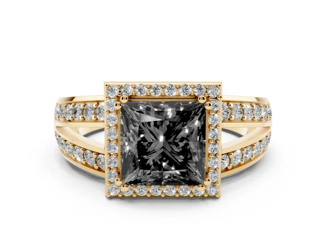Fancy Black Princess Cut Diamond Halo Ring Set in Yellow gold with Double Pavé Split Shank