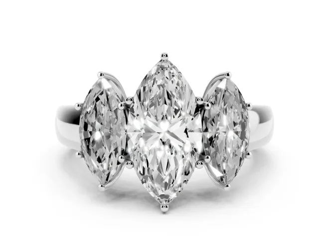 Three-Stone Marquise Cut Diamond Ring Set in White gold with Matching Prong Settings and Plain Band