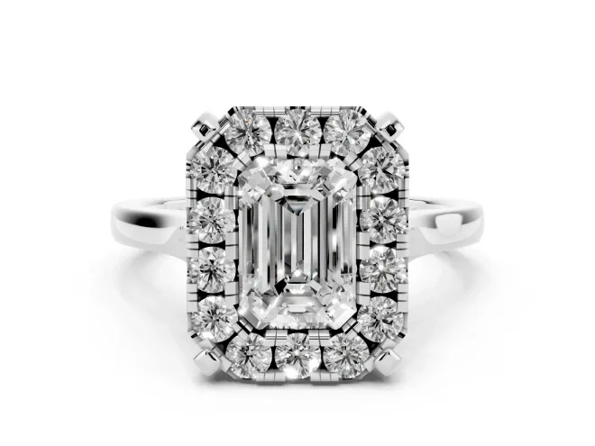 Emerald Cut Diamond Cluster Halo Solitaire Ring Set in White gold with Prong Setting