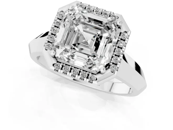 Asscher Cut Diamond Halo Ring Set in Silver with Cathedral Band and Prong Setting – second view