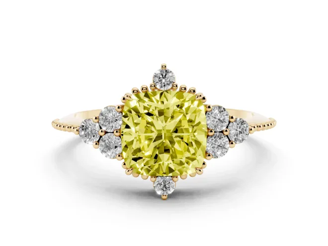 Fancy Yellow Cushion Cut Diamond Cluster Ring Set in Yellow gold with Beaded Band