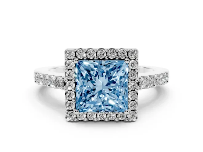 Princess Cut Halo Engagement Ring Setting for a Fancy Blue Lab-Grown Diamond | Single Row Pavé Band | White Gold