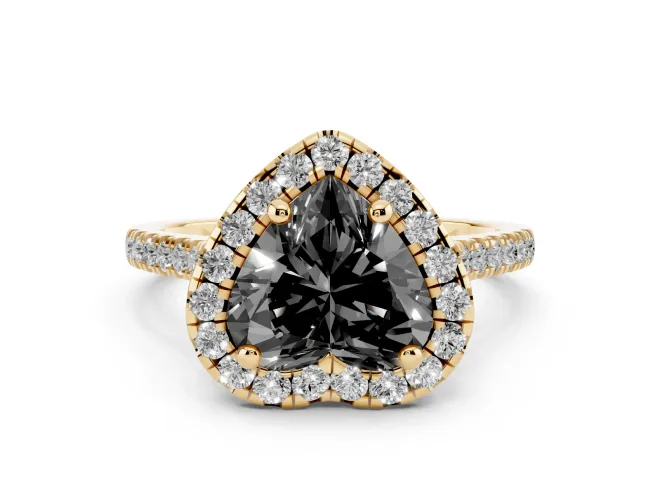 Fancy Black Heart Cut Diamond Cushion Halo Ring Set in Yellow gold with Pavé Band