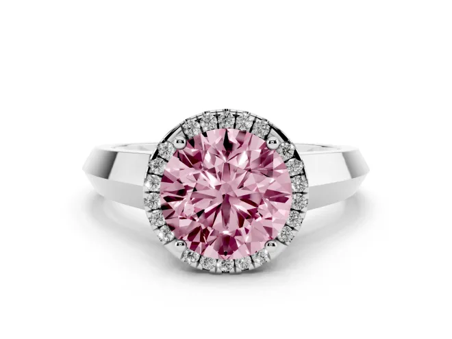Round Halo Engagement Ring Setting for a Fancy Pink Lab-Grown Diamond | Knife-Edge Band | White Gold