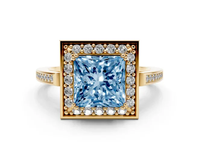 Princess Cut Halo Engagement Ring Setting for a Fancy Blue Lab-Grown Diamond | Polished Halo Rim | Yellow Gold