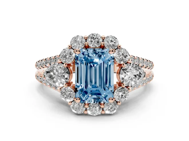Emerald Cut Scalloped Halo Engagement Ring Setting for a Fancy Blue Lab-Grown Diamond | Pear Side Stones | Rose Gold
