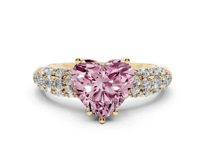 Heart-Shaped Multi Row Pavé Engagement Ring Setting for a Fancy Pink Lab-Grown Diamond | Yellow Gold