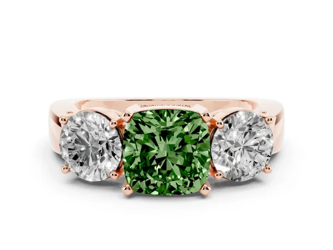 Fancy Green Cushion Cut Diamond Three-Stone Ring Set in Rose gold with Round Side Stones and Classic Band