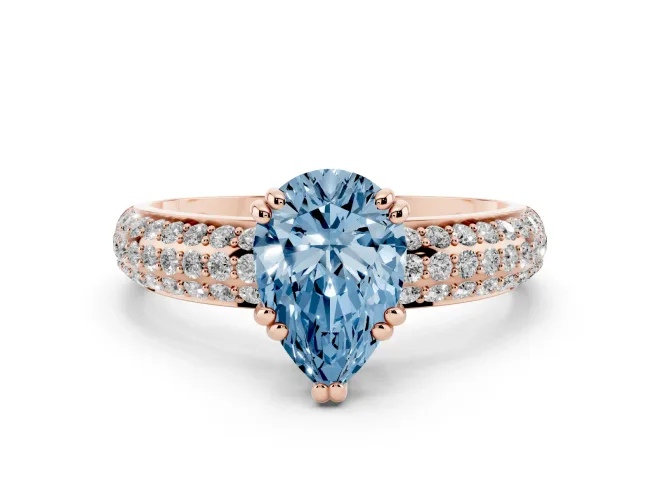Pear-Shaped Three Row Pavé Engagement Ring Setting for a Fancy Blue Lab-Grown Diamond | Rose Gold