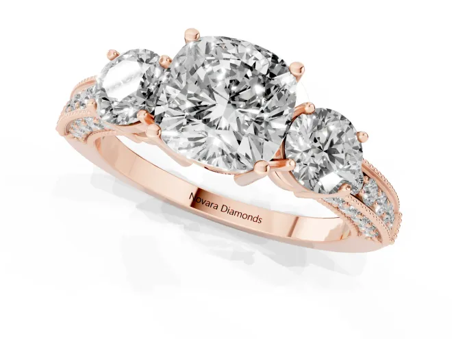 Cushion Cut Diamond Three-Stone Ring Set in Rose gold with Round Side Stones and Pavé Band – second view