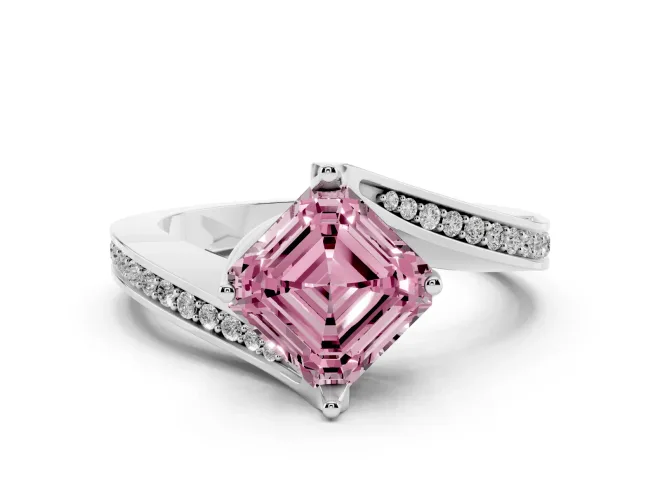 Fancy Pink Asscher Cut Diamond Solitaire Ring Set in White gold with Intertwined Pavé Twist Band