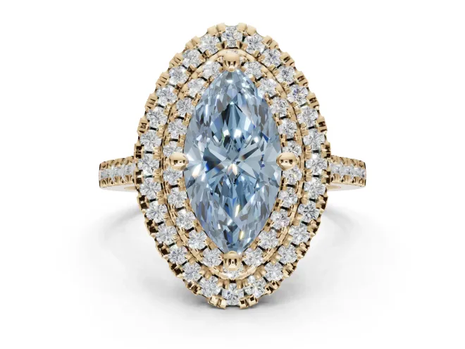 Marquise Double Halo Engagement Ring Setting for a Fancy Blue Lab-Grown Diamond | Pavé Shoulders | Yellow Gold