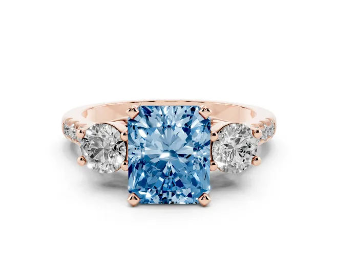 Radiant Cut Three-Stone Engagement Ring Setting for a Fancy Blue Lab-Grown Diamond | Rose Gold
