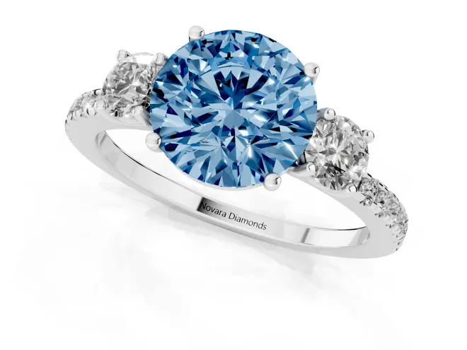 Fancy Blue Round Cut Diamond Three-Stone Ring Set in White gold with Pavé Band and Graduated Sides – second view