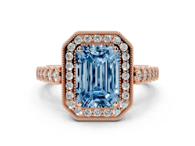 Emerald Cut Graduated Milgrain Halo Engagement Ring Setting for a Fancy Blue Lab-Grown Diamond | Rose Gold