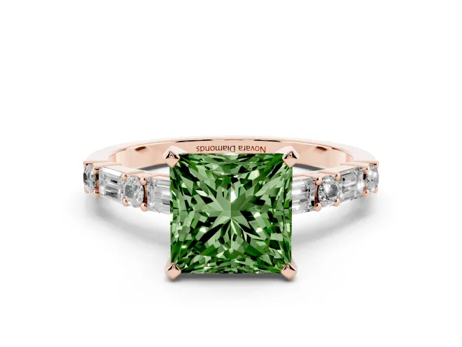 Princess Cut Baguette Side Stone Engagement Ring Setting for a Fancy Green Lab-Grown Diamond | Rose Gold