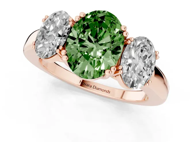 Fancy Green Oval Cut Diamond Three-Stone Ring Set in Rose gold with Polished Band and Prong Setting – second view
