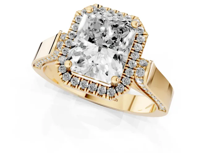 Radiant Cut Diamond Halo Ring Set in Yellow gold with Pavé-Lined Split Shank Band – second view