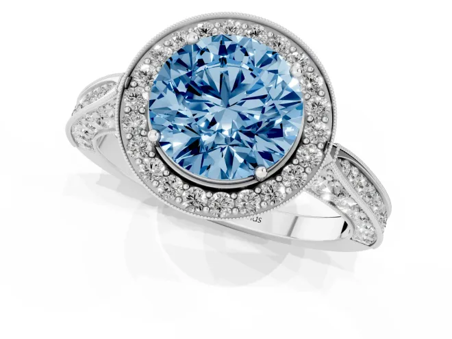 Fancy Blue Round Cut Diamond Halo Engagement Ring Set in White gold with Accent Split Shank Band – second view