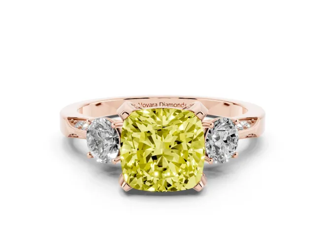 Cushion Cut Hidden Halo Three Stone Engagement Ring Setting for a Fancy Yellow Lab-Grown Diamond | Rose Gold