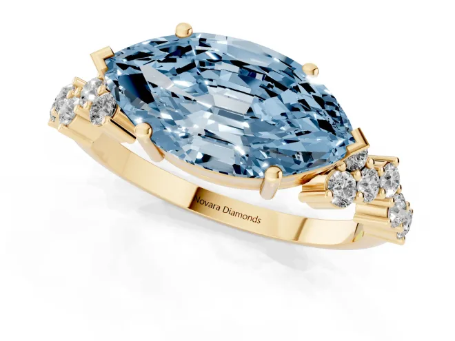 Fancy Blue Marquise Cut Diamond Ring Set in Yellow gold with Scattered Round Accents – second view