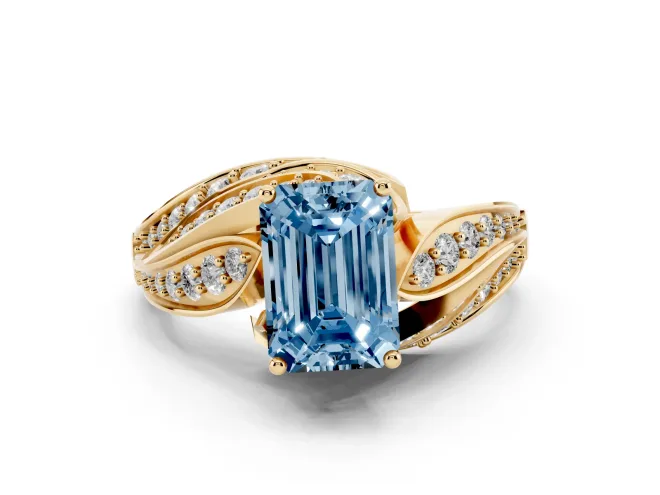 Emerald Cut Bypass Hidden Halo Engagement Ring Setting for a Fancy Blue Lab-Grown Diamond | Graduated Pavé | Yellow Gold