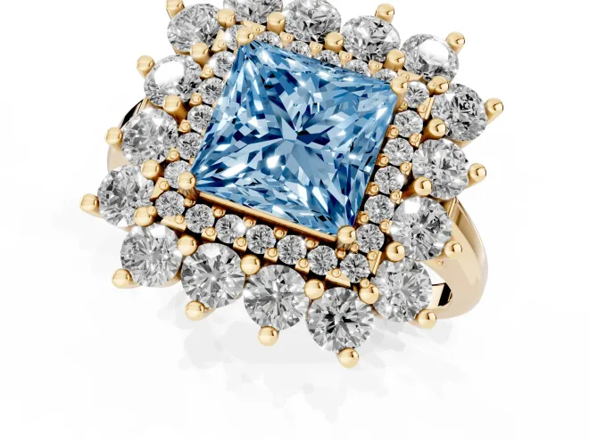 Fancy Blue Princess Cut Diamond Floral Double Halo Ring Set in Yellow gold with Round Petals – second view