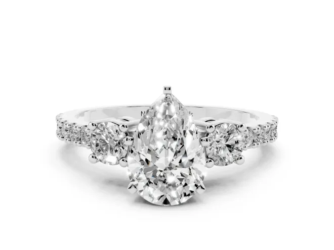 Three-Stone Pear Cut Diamond Pavé Band Ring Set in Platinum with Prong Setting