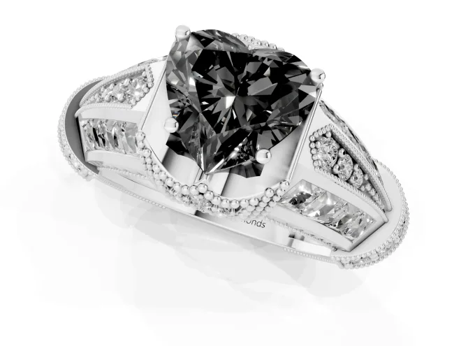 Fancy Black Heart Cut Diamond Vintage-Inspired Milgrain Ring Set in White gold with Accent Split Shank – second view