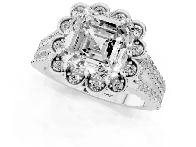 Asscher Cut Diamond Floral Halo Split Shank Engagement Ring Set in Silver with Pavé Shank – second view