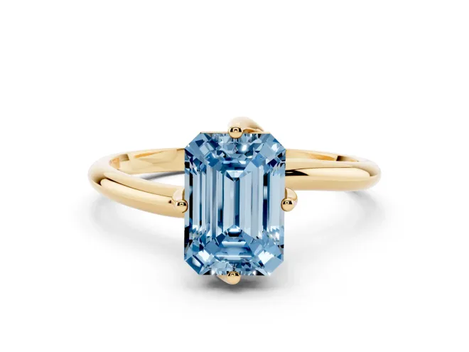 Fancy Blue Emerald Cut Diamond Solitaire Engagement Ring Set in Yellow gold with Classic Plain Band