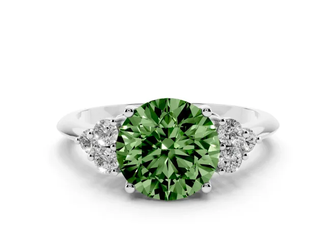 Fancy Green Round Cut Diamond Cluster Ring Set in Platinum with Plain Band and Prong Setting