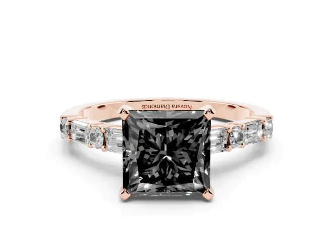 Princess Cut Baguette Side Stone Engagement Ring Setting for a Black Center | Rose Gold