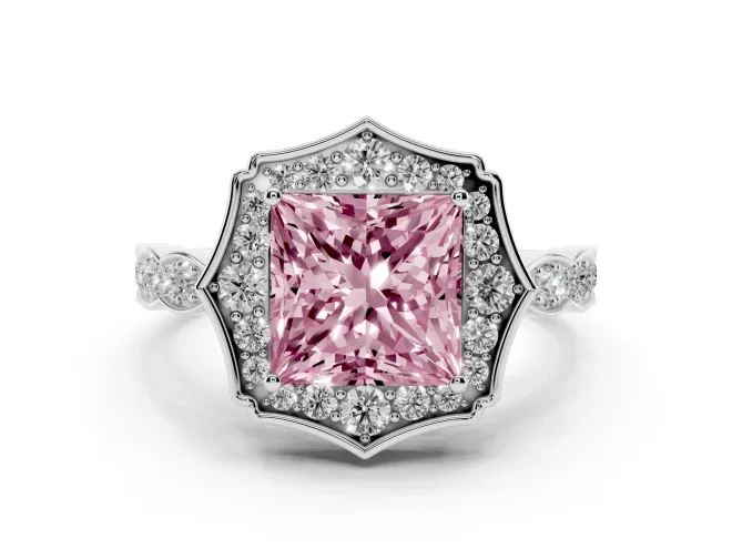 Princess Cut Vintage Scalloped Halo Engagement Ring Setting for a Fancy Pink Lab-Grown Diamond | Pavé Band | White Gold