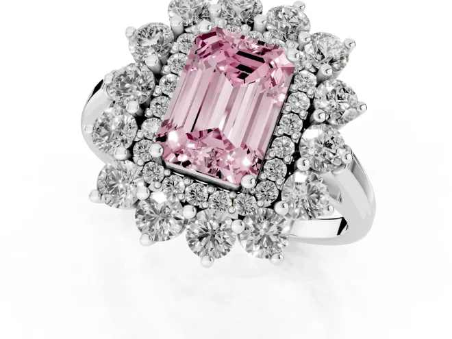 Fancy Pink Emerald Cut Diamond Floral Double Halo Ring Set in Platinum with Round Petals – second view