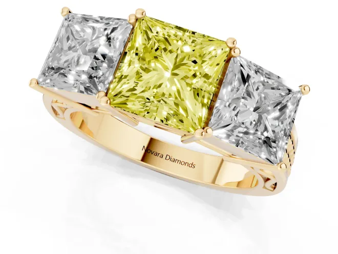 Fancy Yellow Princess Cut Diamond Three-Stone Ring Set in Yellow gold with Textured Band – second view
