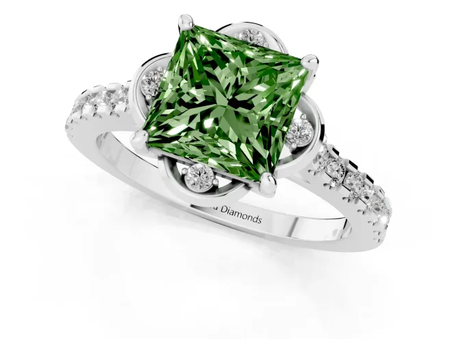 Fancy Green Princess Cut Diamond Solitaire Ring Set in Platinum with Pavé Band and Floral Prong Setting – second view