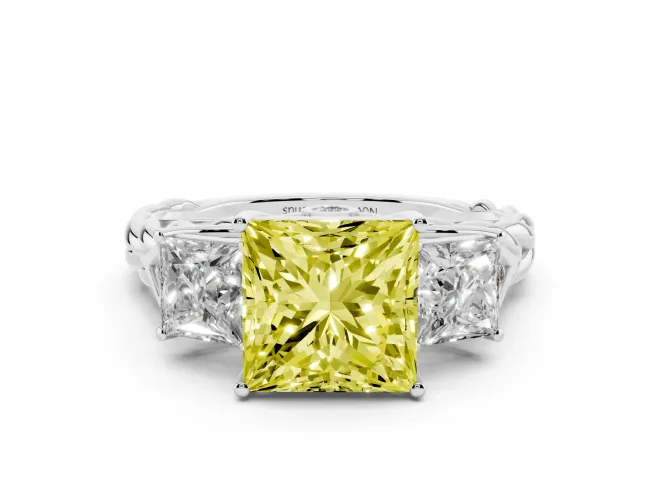 Fancy Yellow Princess Cut Diamond Three-Stone Ring Set in Silver with Braided Band