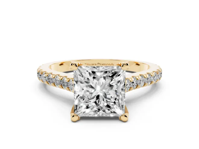 Princess Cut Hidden Halo Pavé Engagement Ring Setting | Claw Prongs | Yellow Gold