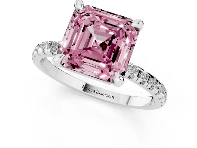 Fancy Pink Asscher Cut Diamond Brilliant Solitaire Ring Set in Platinum with Pavé Band and Prong Setting – second view