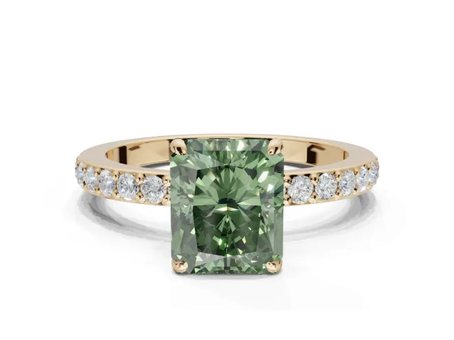 Radiant Cut Hidden Halo Engagement Ring Setting for a Fancy Green Lab-Grown Diamond | Pavé Band | Yellow Gold