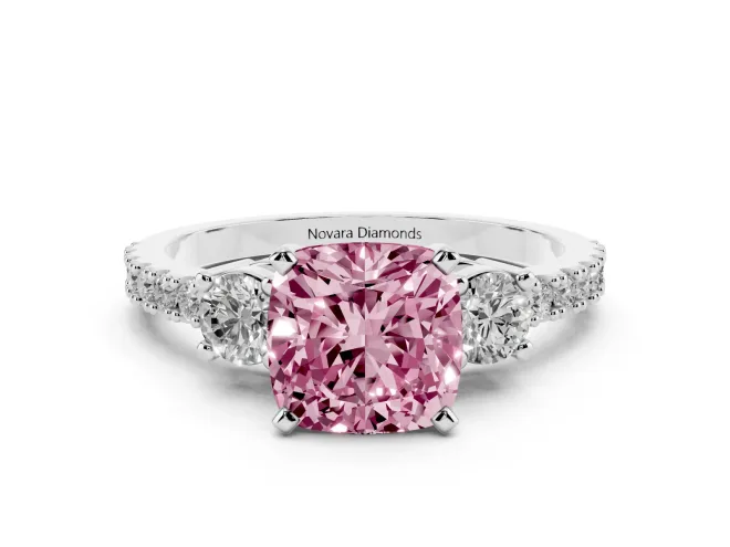 Cushion Cut Three Stone Pavé Engagement Ring Setting for a Fancy Pink Lab-Grown Diamond | Round Side Stones | White Gold