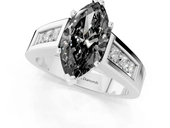 Fancy Black Marquise Cut Diamond Solitaire Ring Set in White gold with Channel-Set Accent Stones and Prong Setting – second view