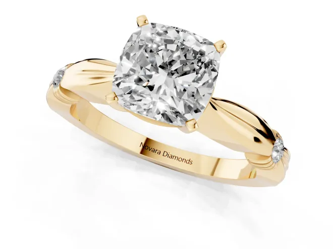 Cushion Cut Diamond Solitaire Twisted Band Ring Set in Yellow gold with Accent Stones and Prong Setting – second view
