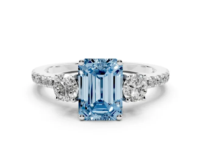 Fancy Blue Emerald Cut Diamond Three-Stone Ring Set in Silver with Pavé Band and Graduated Sides
