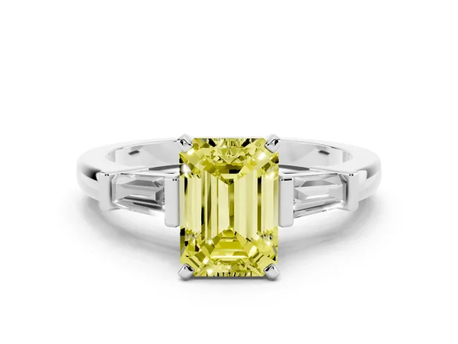 Emerald Cut Three-Stone Ring Setting for a Fancy Yellow Lab-Grown Diamond | Tapered Baguettes | Sterling Silver