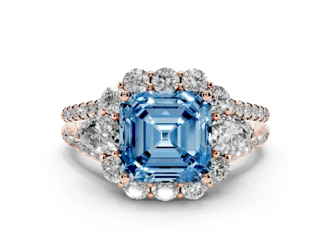 Asscher Cut Scalloped Halo Engagement Ring Setting for a Fancy Blue Lab-Grown Diamond | Pear Side Stones | Rose Gold