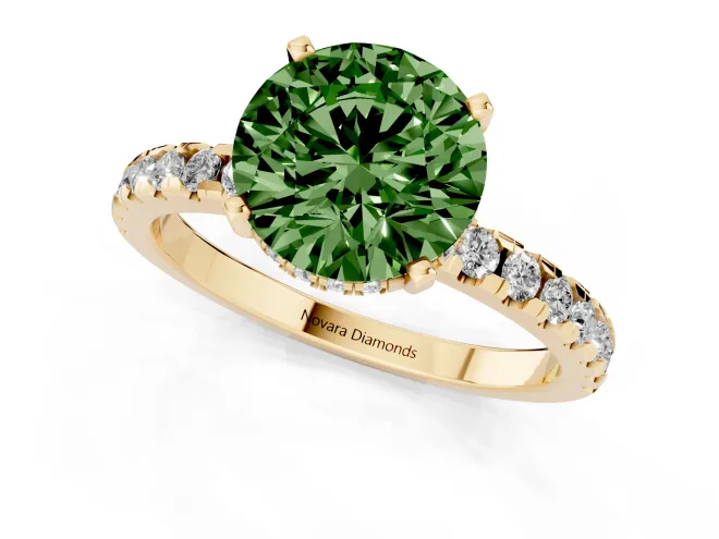 Fancy Green Round Cut Diamond Pavé Solitaire Ring Set in Yellow gold with Round Band Accents and Prong Setting – second view